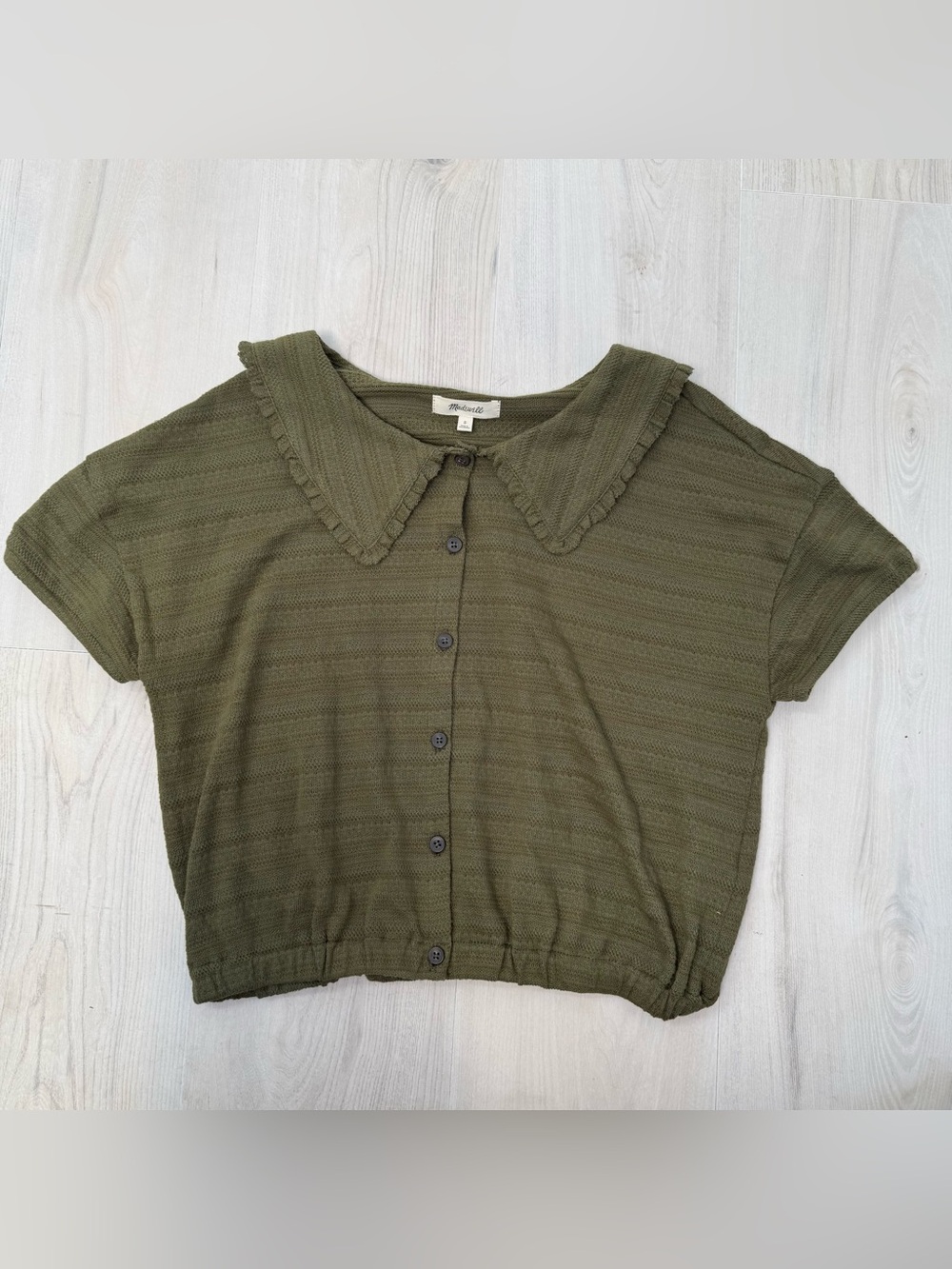 Madewell Olive Green Button-Front Top with Ruffle Collar